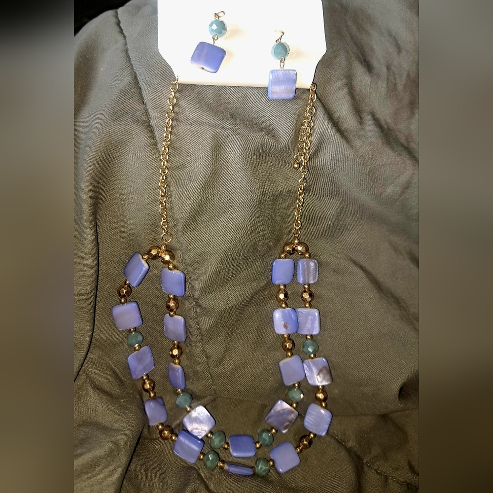 Periwinkle Blue Glass Bead and Gold Tone Metal Necklace and Earring Set